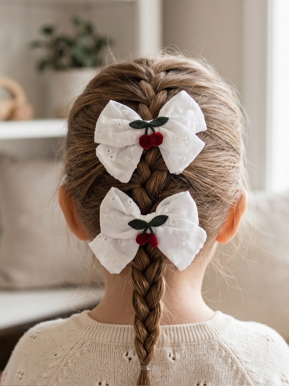 Handmade White Eyelet Cherry Hair Bows – Set of 2